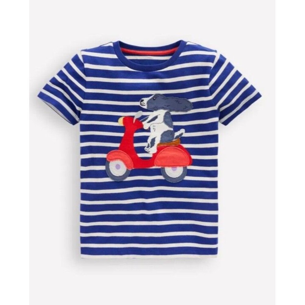 Mini Boden Boys/Kids short sleeve Applique T shirt Dog w scooter size 4-5 NEW WT